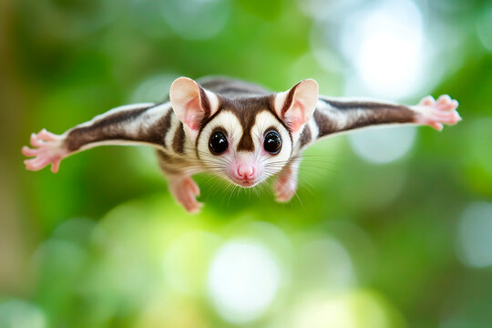 Sugar glider enjoying movement, extending its patagium, soaring with a gentle expression against a blurred green background