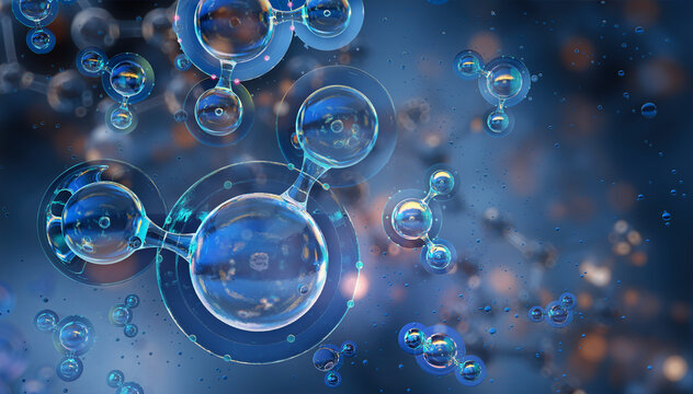 Water molecule structure 3d model, polar inorganic compound: Two Hydrogen atoms bonded to single Oxygen atom, chemical molecular formula H2O. Chemistry, physics, biology, medical science illustration