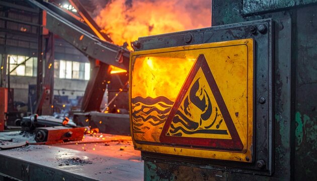 Warning sign in a foundry with molten metal and sparks.