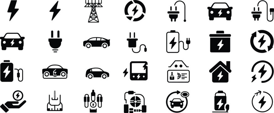 Set of 25 black and white electric energy icons featuring power, battery, plug, car, charging, and renewable energy symbols