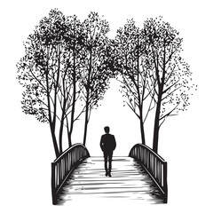 Silhouette of a man standing between two trees with a bench next to one tree