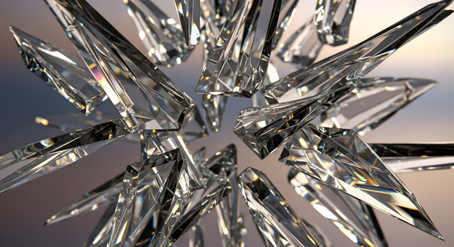 A cluster of sharp crystal shards radiating outward with light reflecting off their facets and edges - Powered by Adobe