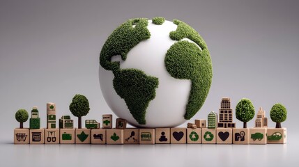 A globe covered in green grass sits behind a row of wooden blocks with environmental icons, buildings, and trees.