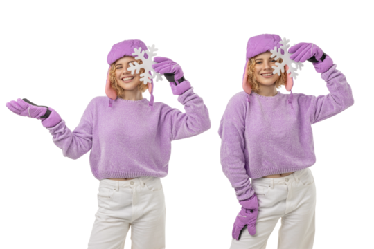 Set, Woman in winter clothing holding snowflake, isolated, PNG