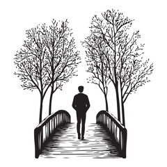 Silhouette of a man standing between two trees with a bench next to one tree