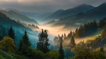 Obraz premium Serene Misty Valley with Rolling Hills and Majestic Pine Trees Under Dramatic Sky at Dawn