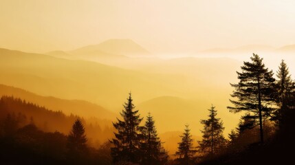 Obraz premium Majestic Sunrise Over Mountain Landscape with Misty Hills and Tall Pine Trees in Warm Golden Light