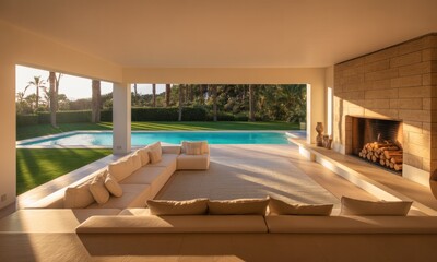 Obraz premium Open-air living space with a pool and fireplace. Sunlight streams into a modern patio area, featuring a light beige color scheme.