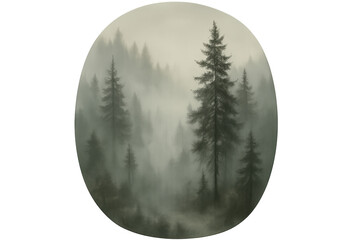 Misty forest painting showing evergreen pine trees fading into thick fog creating an atmospheric woodland landscape, transparent background