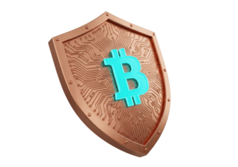 Bitcoin shield PNG isolated on transparent background, cryptocurrency security concept with circuit board design and turquoise bitcoin symbol