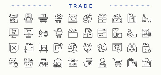 Trade icon set in linear style. Currency linear icon set. Minimalist vector collections. Pictograms of currency, economy, bitcoin, financial and more. Editable vector art and illustration.