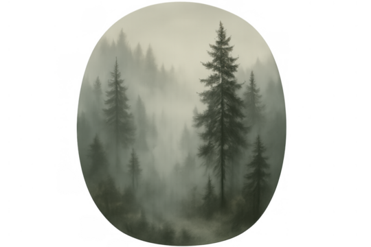 Misty forest painting showing evergreen pine trees fading into thick fog creating an atmospheric woodland landscape, transparent background