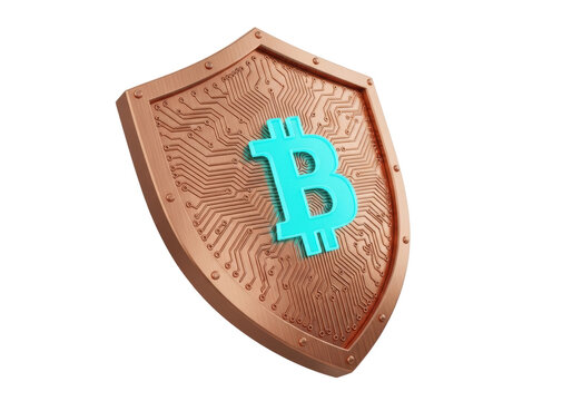 Bitcoin shield PNG isolated on transparent background, cryptocurrency security concept with circuit board design and turquoise bitcoin symbol