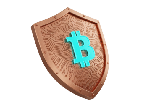 Bitcoin shield PNG isolated on transparent background, cryptocurrency security concept with circuit board design and turquoise bitcoin symbol
