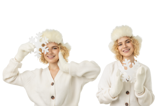 Set, Woman dressed warmly holding snowflake decorations, isolated, PNG
