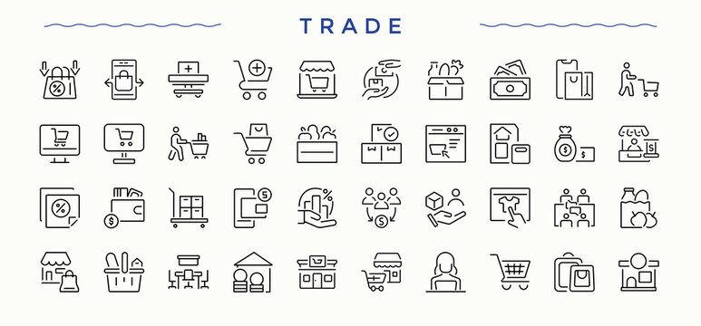 Trade icon set in linear style. Currency linear icon set. Minimalist vector collections. Pictograms of currency, economy, bitcoin, financial and more. Editable vector art and illustration.