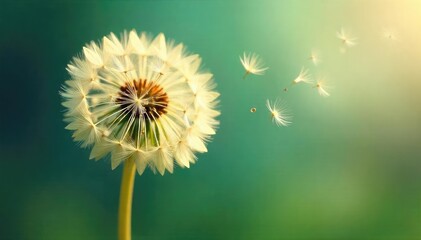 Obraz premium A whimsical image of a dandelion clock, its seeds resembling tiny, fluffy daughters, scattering in the wind Perfect for whimsical, nature, and childlike themes , carefree, flower