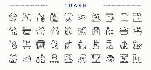Trash line icon set. Recycle line icon set. Containing junk, rubbish, bin, dump, environment and more. Editable vector.