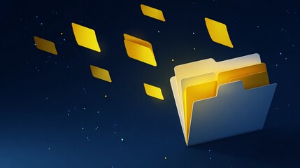 Open white folder with yellow papers flying on a dark blue background, representing the concept of digital file transfer.