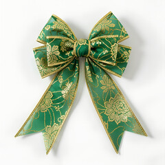 A bow made of green and gold fabric for decoration Christmas tree on white background