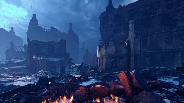 War-torn city streets. An animation on the theme of war and destruction.