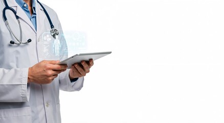 Doctor holding tablet with virtual human body interface. Medical technology concept showing diagnostic data for patient health and examination.