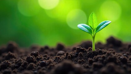Fototapeta premium Close-up of a vibrant green plant sprouting from rich soil, symbolizing growth, healing, and renewal Perfect for concepts of health, medicine, and natural remedies , photosynthesis, soil, renewal