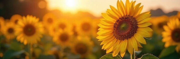 Obraz premium Close-up of a vibrant sunflower field at sunset, its petals glistening with dew, creating a sparkling effect The warm light enhances the natural beauty and texture , macro, natural beauty