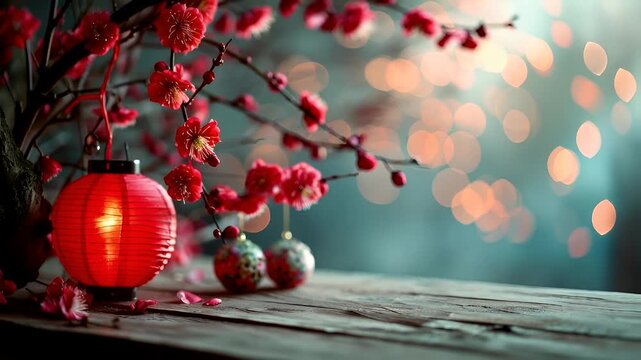 Chinese lunar new year Chunjie celebration concept. red cherry blossom flowers and lanterns on wooden surface with bokeh backgroundred paper lantern with golden light on wooden table.