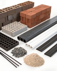 An assortment of various construction and building materials on a white background.