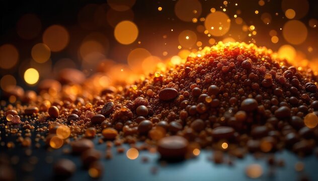 Close-up of scattered caffeine crystals, glowing with an inner energy, reflecting light The vibrant, energetic texture conveys the stimulating power of caffeine , detail, texture, white