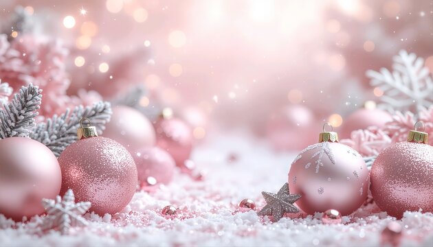 Dreamy kawaii pink Christmas background with sparkles and cute snowflakes - Powered by Adobe