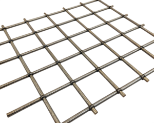 Metal grid structure with a transparent background. The grid consists of intersecting bars, creating a pattern of squares. Isolated PNG format.