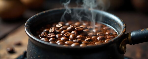 Close-up shot of coffee beans simmering gently in a saucepan on a rustic stovetop, aromatic steam rising Rich, dark, roasted beans infuse the water, creating a unique coffee brew , simmer, infusion