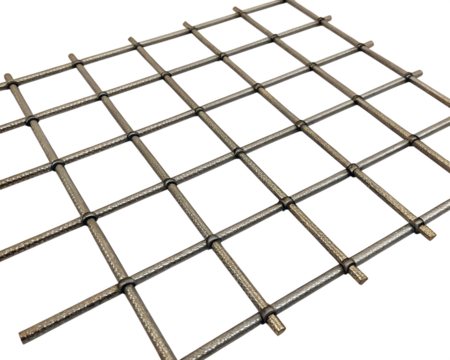 Metal grid structure with a transparent background. The grid consists of intersecting bars, creating a pattern of squares. Isolated PNG format.