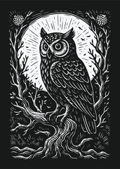 Mysterious owl on tree vector illustration, detailed hand-drawn black and white forest design in gothic style perfect for prints and tattoo art.