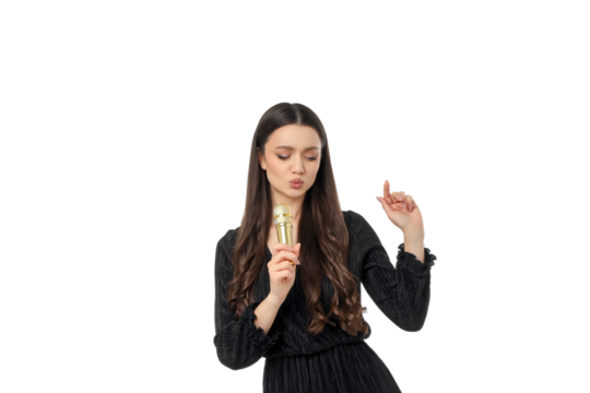 Woman in black dress singing with gold mic, isolated, PNG