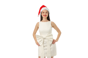 Smiling woman in white dress and Santa hat, isolated, PNG