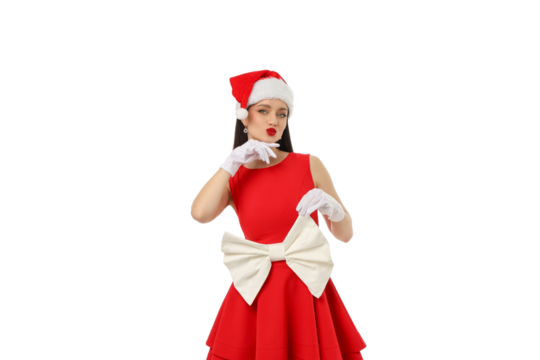 Woman in red dress and Santa hat with gloves, isolated, PNG