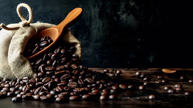 A closeup shot of coffee beans spilling out of a burlap sack onto a wooden surface. The beans are dark brown with a glossy sheen.