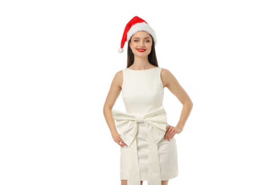 Smiling woman in white dress and Santa hat, isolated, PNG - Powered by Adobe