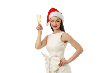 Woman in white dress holding a glass of champagne, isolated, PNG