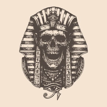 Pharaoh skull vector illustration in vintage tattoo style, detailed hand-drawn Egyptian skeleton design for prints, posters, and t-shirt graphics.