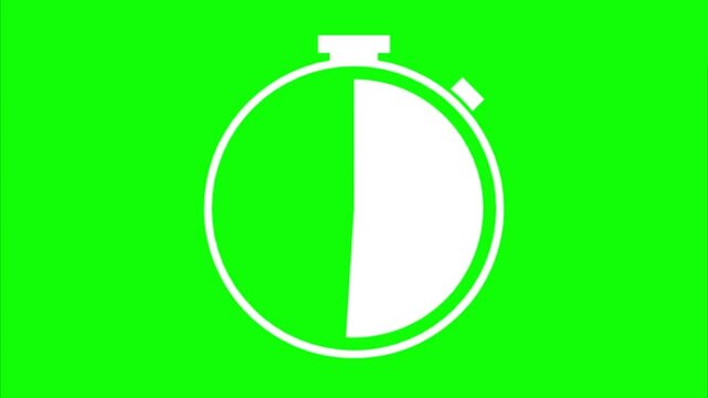 Flat Design Analog Stopwatch Icon on Green Screen. Empty to Full Time Transition on Chronometer in White Color. Timer Sign on Chroma Key Background. Clock Symbol Animation in 4k Video
