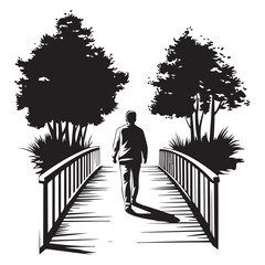 Silhouette of a man standing between two trees with a bench next to one tree