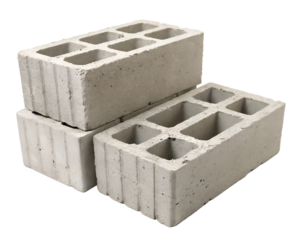 Three concrete blocks stacked on a transparent background. Each block has hollow sections and a rough texture, ideal for construction or architectural use.