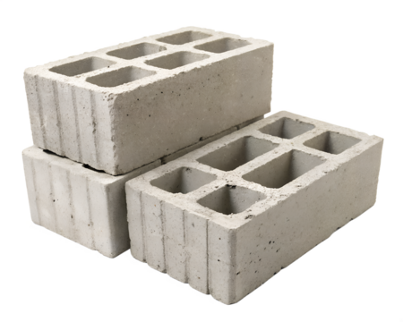 Three concrete blocks stacked on a transparent background. Each block has hollow sections and a rough texture, ideal for construction or architectural use.