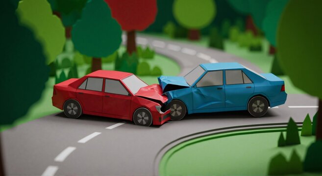 Two paper car crash on road. Automobile accident concept for insurance claim or road safety awareness. Low poly 3d render. - Powered by Adobe