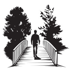 Silhouette of a man standing between two trees with a bench next to one tree