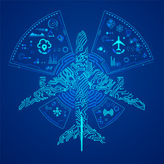 concept of digital twin or aviation technology, graphic of airplane shape combined with electronic pattern and futuristic element